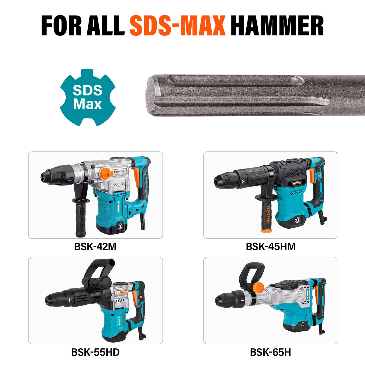 Berserker 1-9/16" SDS-Max Heavy Duty Rotary Hammer Drill with 3 pc. SDS Max Chisel Set with Point Chisel, Flat Chisel & Scaling Chisel, Masonry Concrete Tile Removal Bits