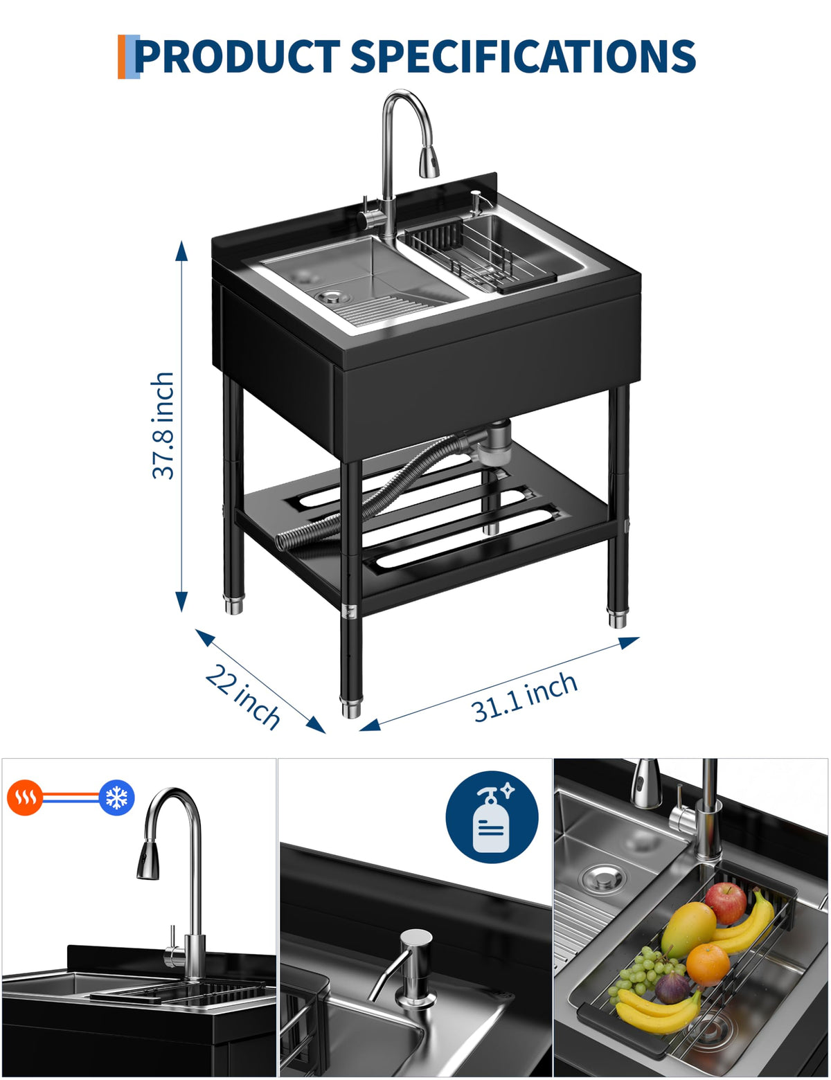 Freestanding Laundry Utility Sink, 31.1" × 22" × 37.8" Utility Sink with Washboard Set with Bracket and Drain Kit for Workshop, Laundry Room, Shop, Man Cave Outdoor and Indoor