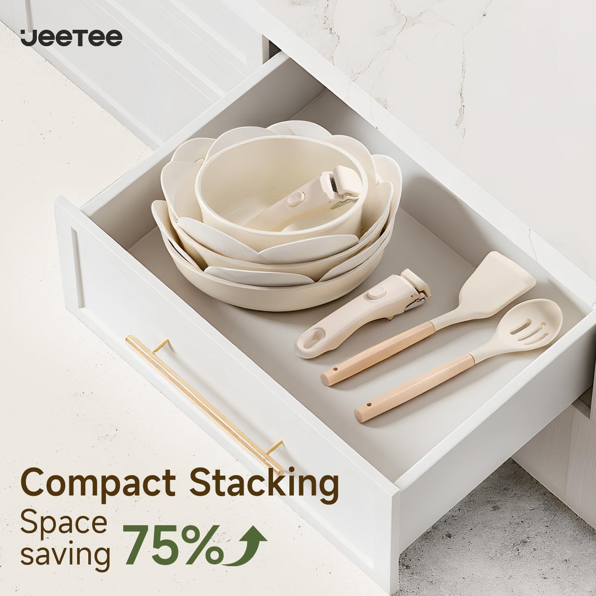 JEETEE Pots and Pans Set Non Stick 19pcs, Kitchen Cookware Sets with Detachable Handle, Induction Nonstick Cookware Set with Removable Handle, Stackable RV Cookware, Oven Safe, PFAS/PFOA Free, Beige
