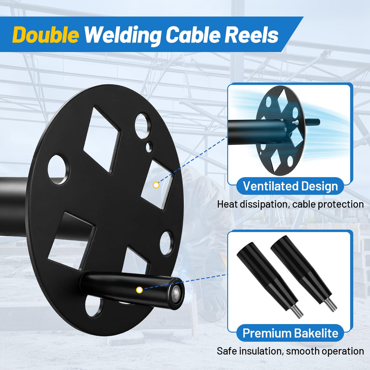 𝑼𝒑𝒈𝒓𝒂𝒅𝒆 Heavy Duty Double Welding Lead Reel, 360° Rotatable Base Cable Lead Reel, Welding Reels with Insulated Sealing Gaskets & Screws No Leaks No Shorts, Fits 150ft 1/0 or 125ft 2/0 Cable