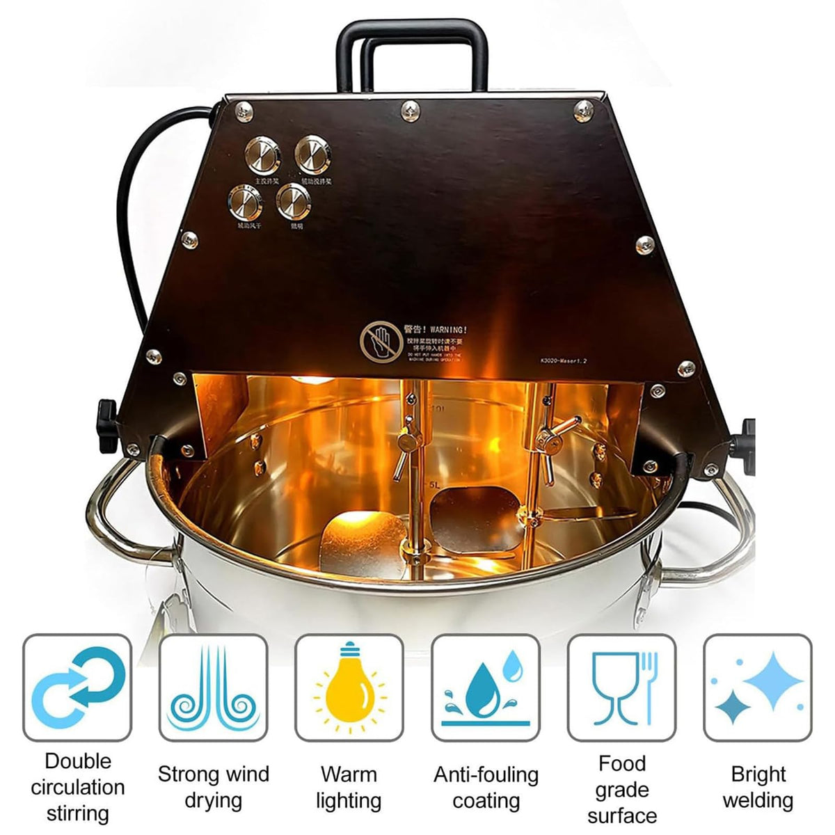 ZZBSOD Commercial Electric Food Stirrer Pot,Stainless Steel Automatic Mixer Machine with Double Stirring Paddle &Auxiliary Fan&Light,for Making Jam/Sauce/Filling