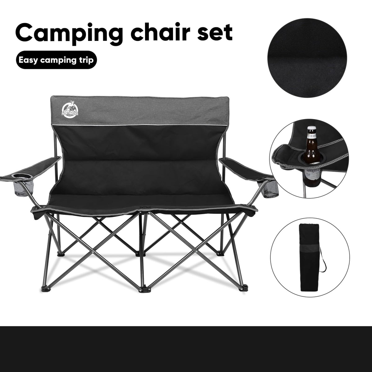 Northroad Outdoor Camping Chair Set of 3,Folding Padded Camp Chair w/1 Sofa,2 Single Chairs,Collapsible Conversation Set for Family Patio, Beach (Black)