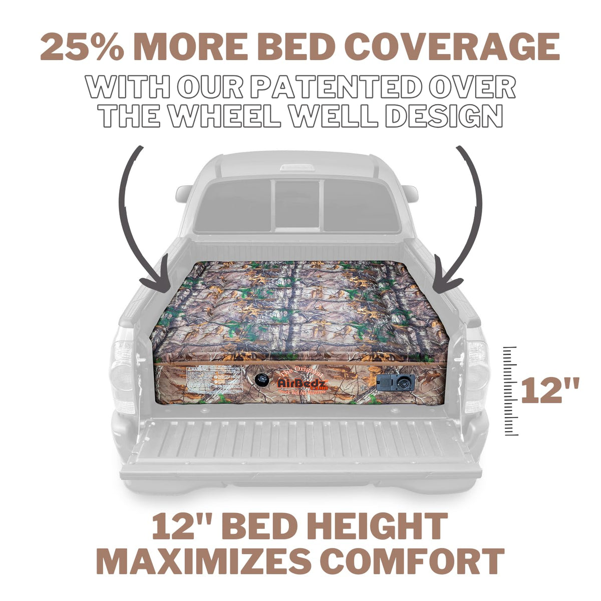 Pittman Outdoors AirBedz Mattress – Truck Bed Air Mattress, 25% More Coverage, Built-in Rechargeable Pump, Carry Bag & Repair Kit - Full-Size 8’+ Long Bed, Realtree Camouflage, PPI-401