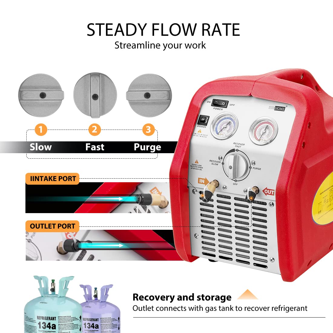 VIVOHOME 110V 1/2 HP 5 CFM Dual Stage Rotary Vane HVAC Air Vacuum Pump with VIVOHOME 110-120V AC 60Hz 3/4HP Single Cylinder Portable Refrigerant Recovery Machine
