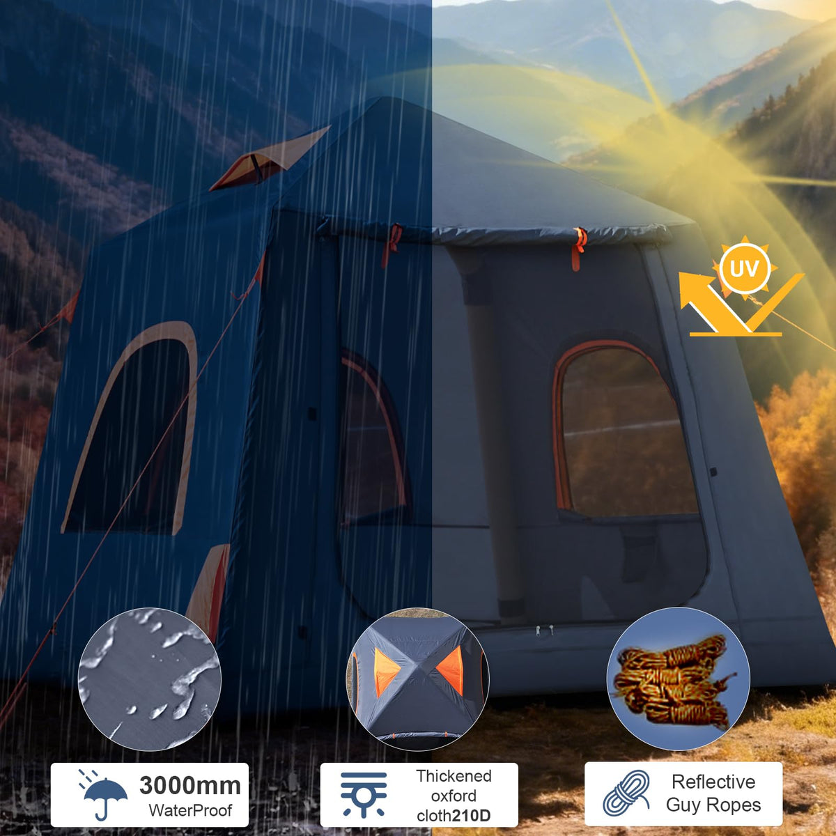 Inflatable Camping Tent,2-4 Persons Easy Setup Blow Up Tents for 4 Seasons Waterproof Inflatable Tent for Camping,Air Tent with Mesh Windows/Doors