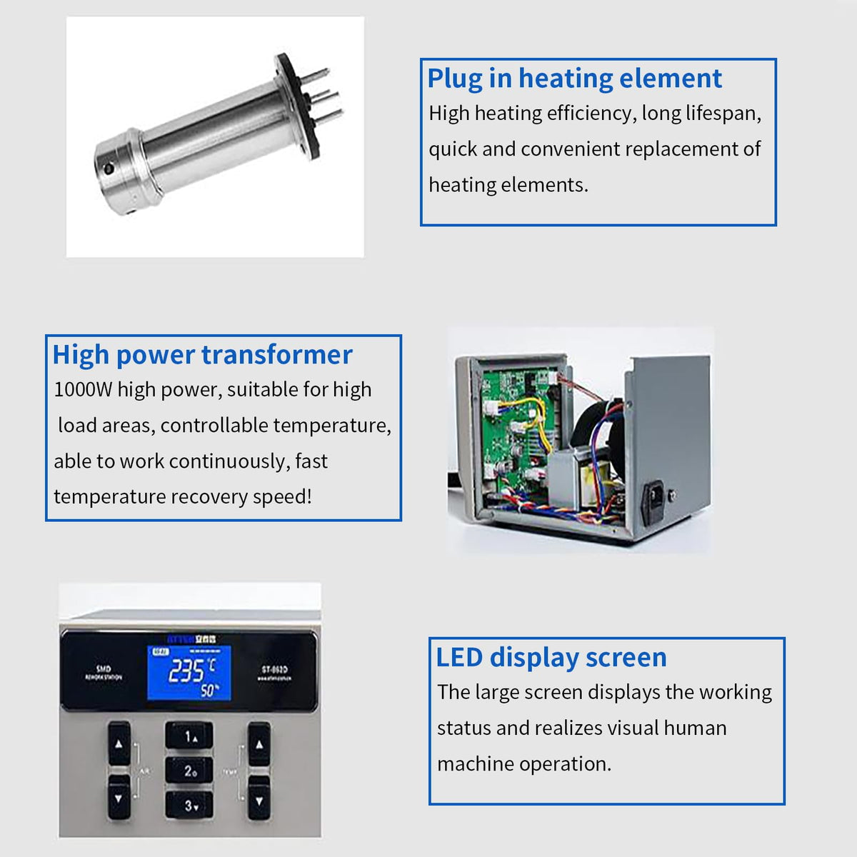 ATTEN ST-862D Hot Air Rework Station, 1000W Hot Air Soldering Station with Auto Sleep Function, Equipped with Large LCD Display & 4Air Nozzles, Suitable for Micro Soldering Rework