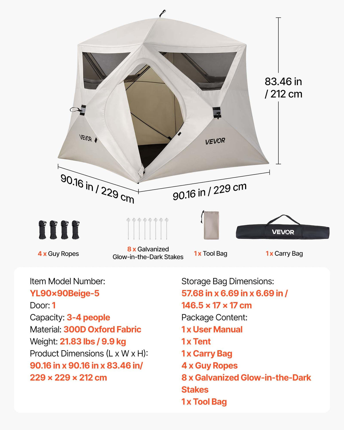 VEVOR Camping Tent, 4 Person Pop Up Instant Cabin Tent with Wider Door Large Mesh Windows, 83.5" High, 60 Seconds Easy Setup, Portable Cabin Hub Tents with Carry Bag for Family Outdoor Camping Hiking
