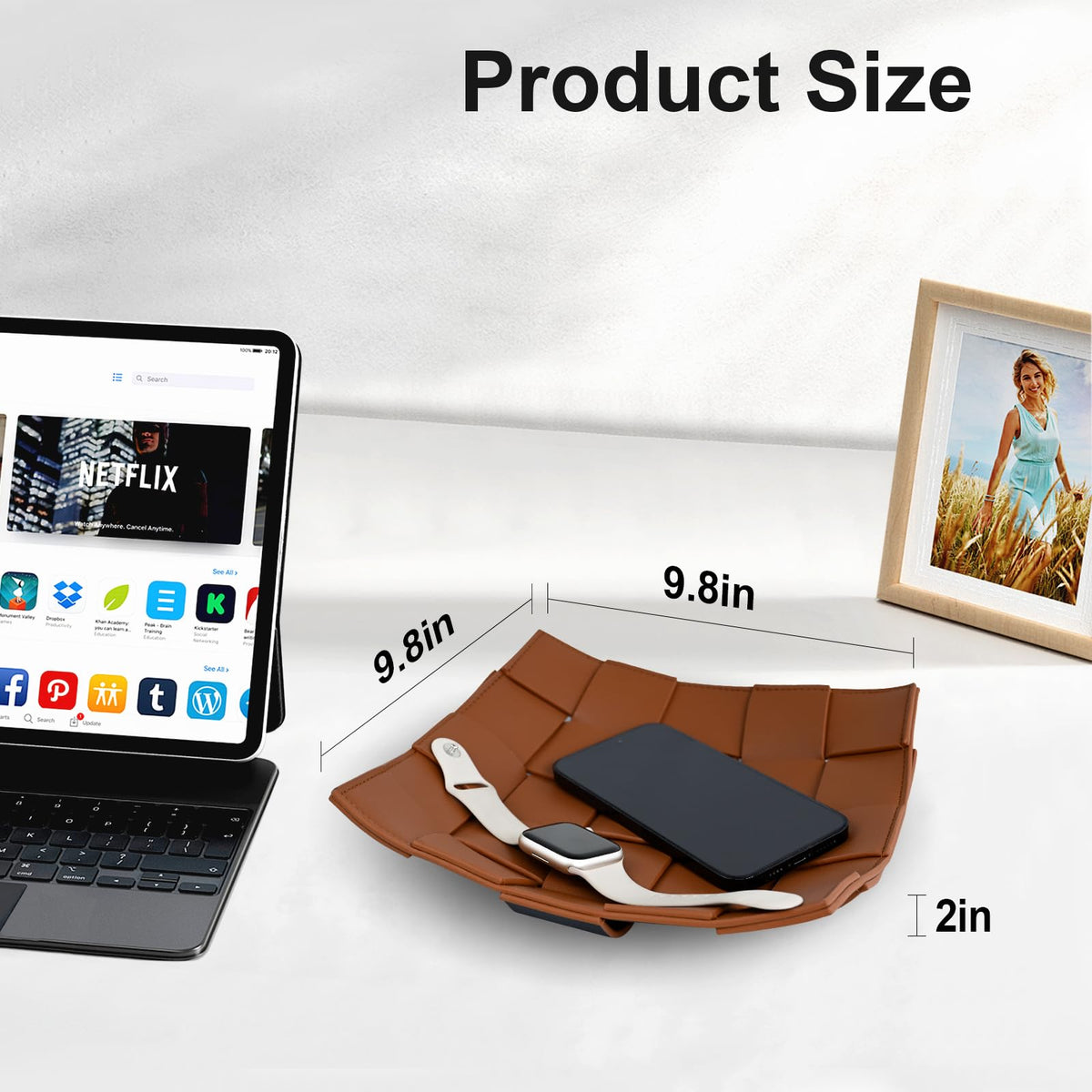 Valet Tray PU Leather Key Holder Bowl for Men Entryway Table Nightstand Desk Tray for Wallet, Keys Men's Gift - Brown & Black, 9.8" L x 9.8" W x 2" H