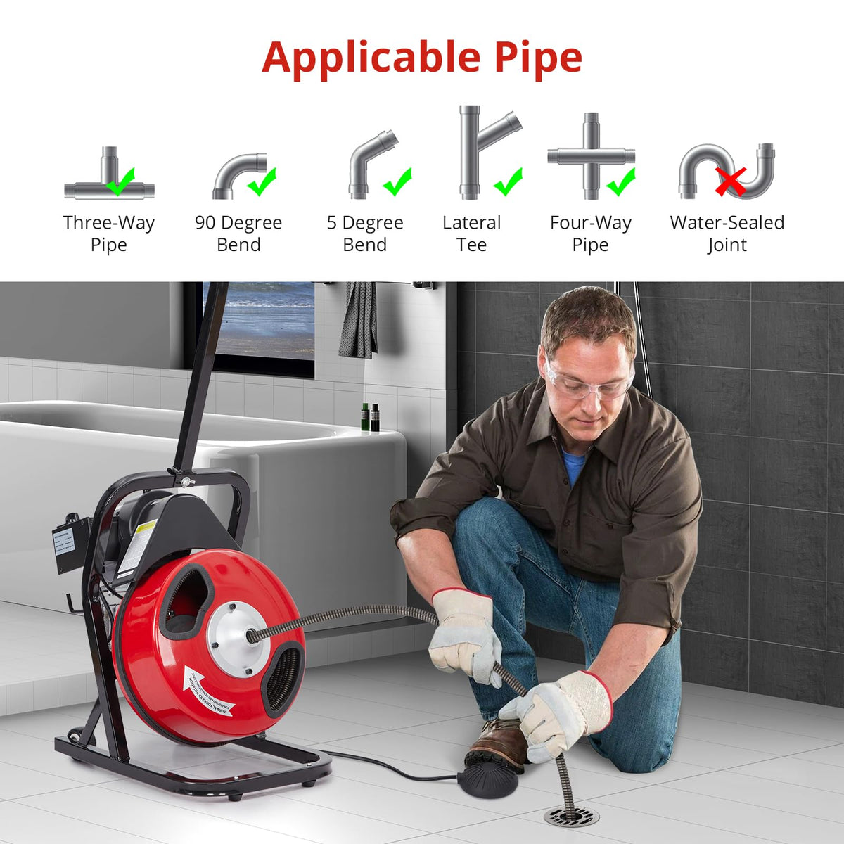 Electric Drain Cleaner Machine, 50FT x 1/2" Cable, 250W Auto-Feed Sewer Snake, 4 Interchangeable Cutter Heads, Air Foot Switch, Portable Auger for 1"-4" Pipes, Home and Commercial Use