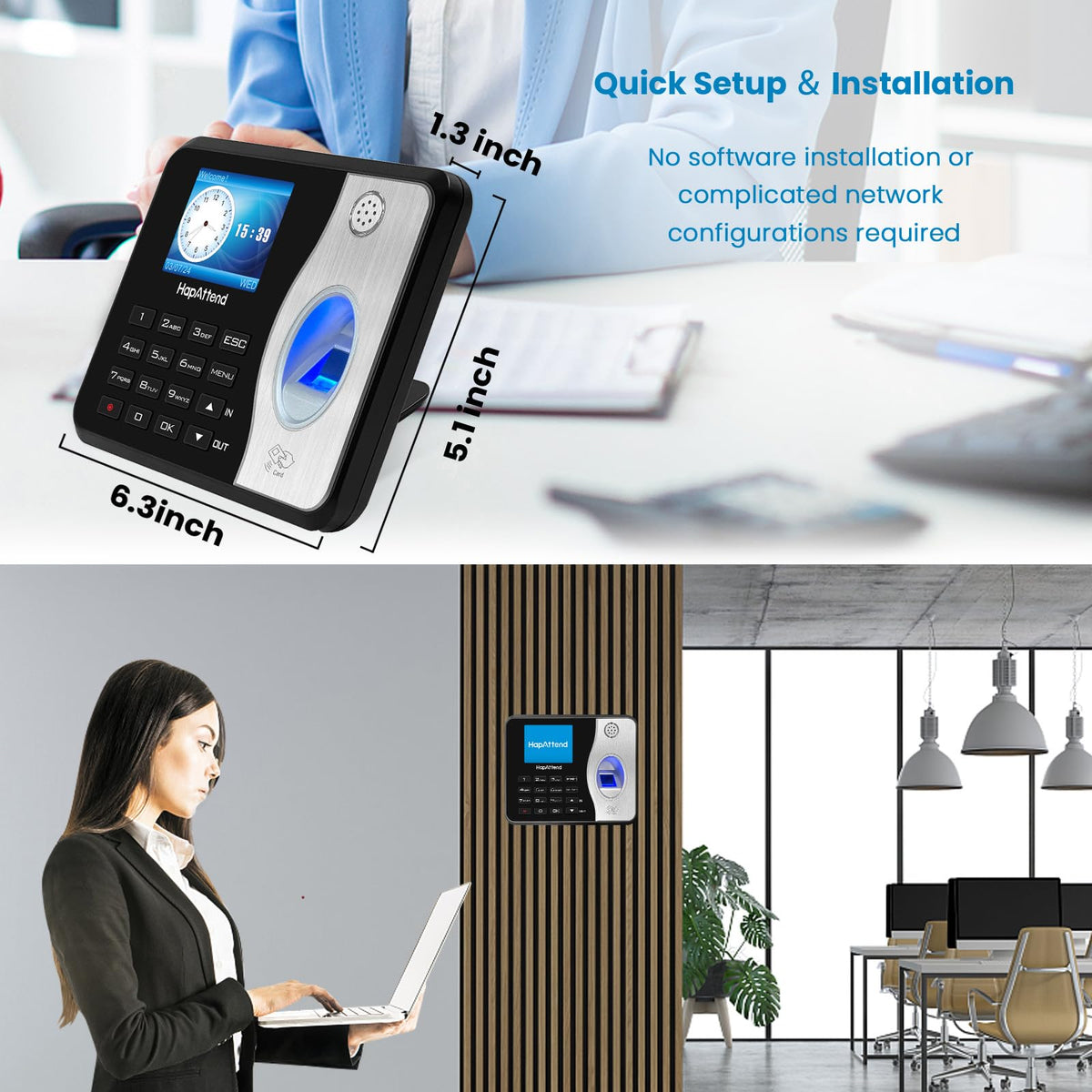 HapAttend Time Clocks Bundle with 15 RFID Cards, 0 Monthly Fees Standalone Biometric Time Attendance Punch Machine with Fingerprint, RFID and PIN
