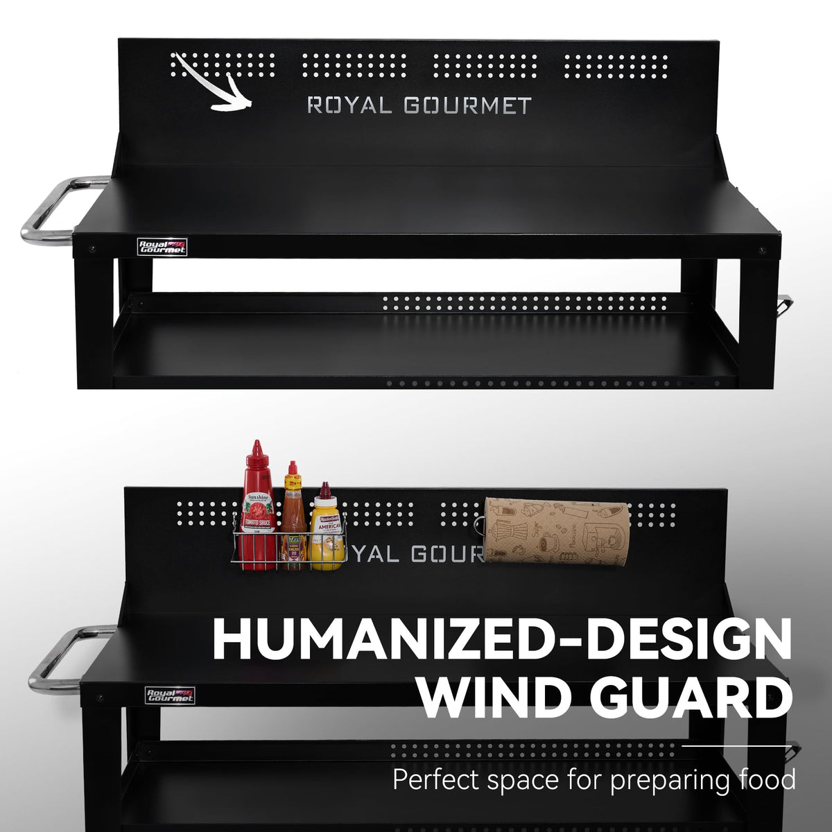 Royal Gourmet PC4401B 3-Tier Dining Cart with Wind Guard, Sturdy Structure and Ample Storage Shelves, for Indoor & Outdoor use，with Bottle Opener, Hooks, Wine Rack, Multifunctional Side Handle, Black