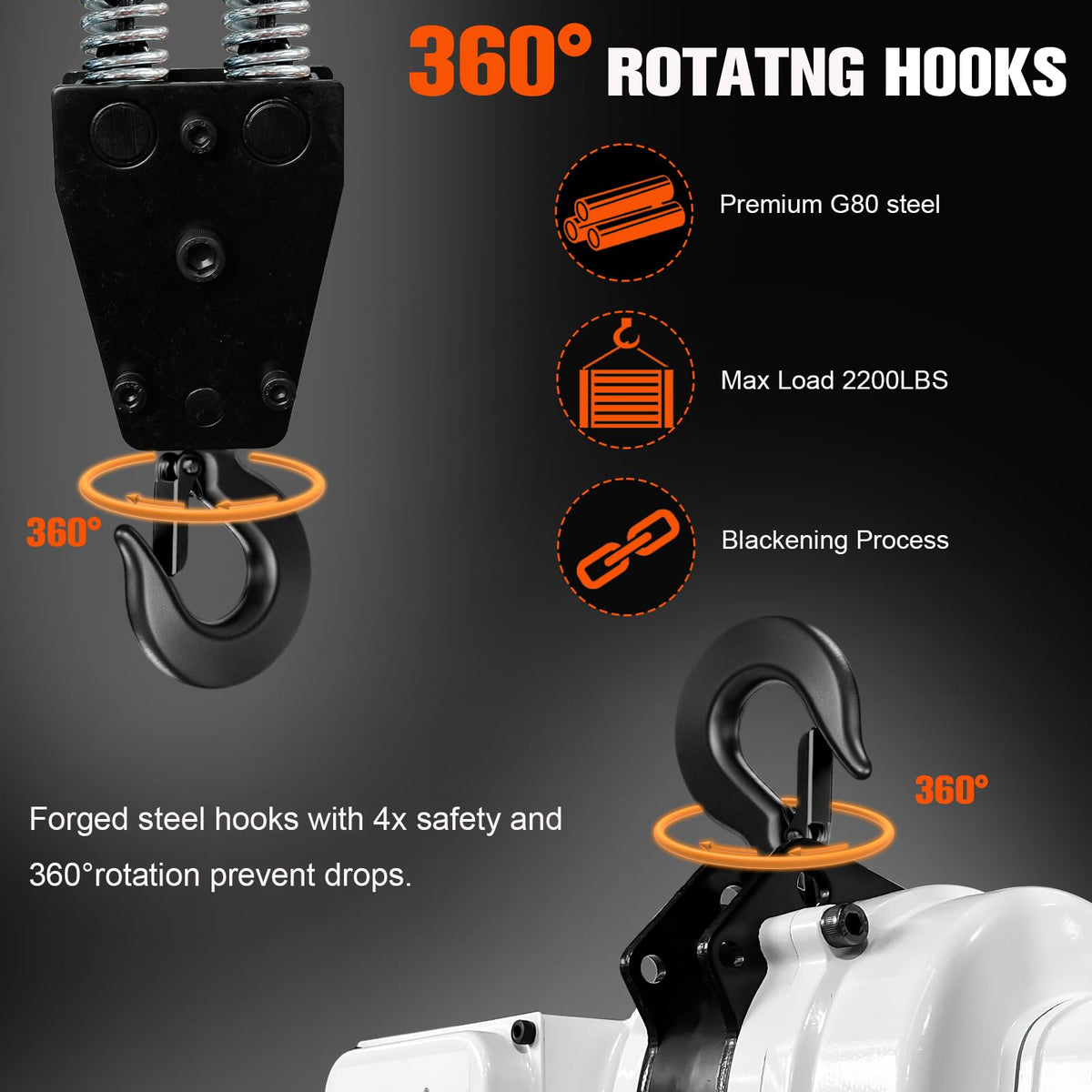 Electric Chain Hoist 2200lbs, 110V Electric Hoist, 10ft Lift Height, Single Phase Overhead Crane with Two 360° Rotatable, DT Grade Carburized Double Chain, for Garage Ceiling, Factories