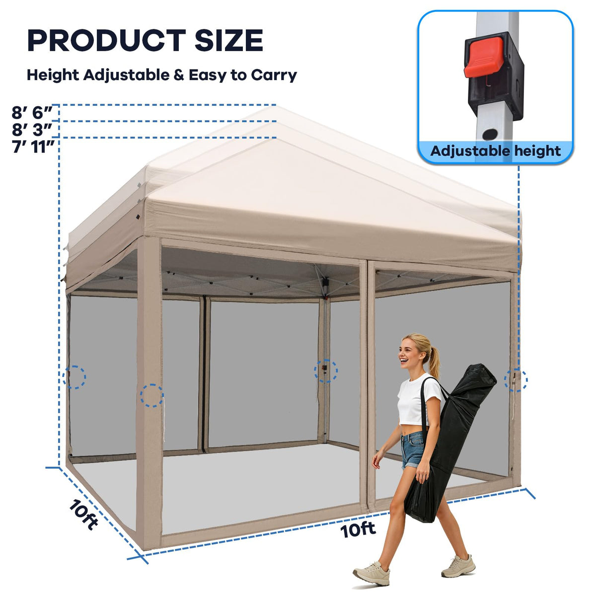 HAVZENO 10x10 Pop Up Canopy Tent with Mosquito Netting, Portable Waterproof Instant Outdoor Screen Shelter, Pop Up Tent for Patio, Backyard, Parties, Camping and Events, Beige