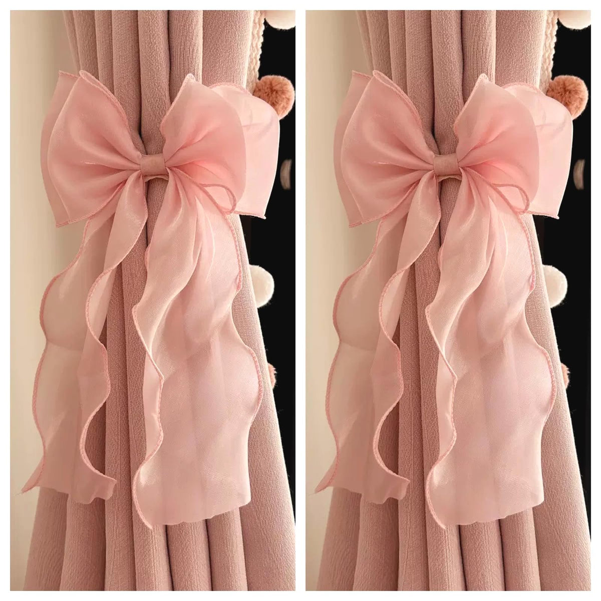 2 Pack French Silky Bow Curtain Tiebacks, Elegant Lace Ribbon for Curtains Decorative Rope Accessories Home Décor (Pink,2)