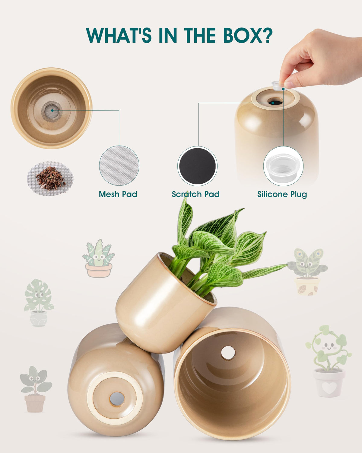 vancasso Ceramic Plant Pots, 4+5+6 inches, Set of 3, Planters with Drainage Hole, Flower Pots Planters Pots for Indoor Plants, Modern Indoor Decorative Garden Pot, Home Decor, Brown
