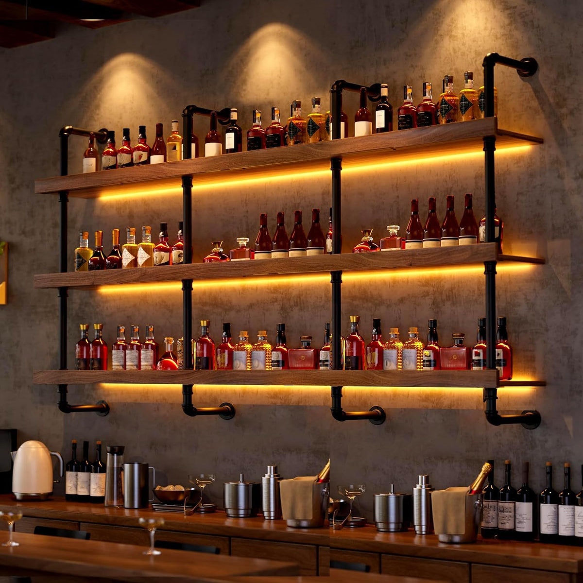 Dawselod Solid Wood Wine Racks Wall Mounted with LED Lights, Metal Wine Bottles Display Shelf, Industrial Floating Lighted Bar Shelves Liquor Rack for Home & Dining Room (120cm/47.2in)