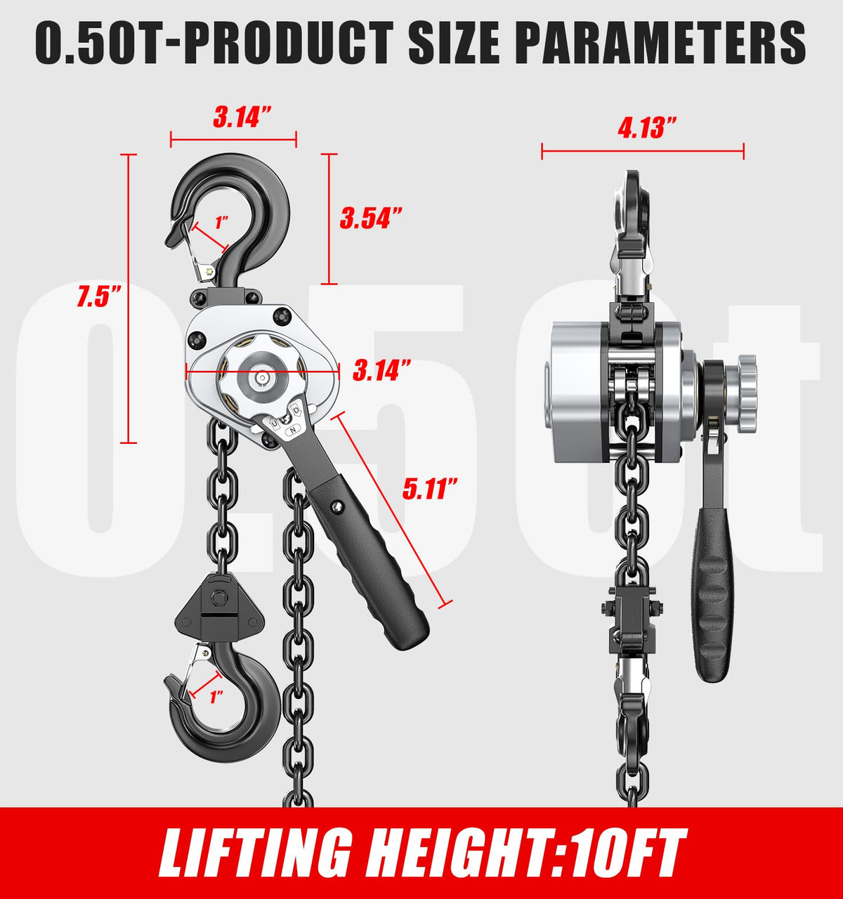HUGOASIS Mini Lever Hoist 1/2 TON 1100 LBS Capacity 10FT Lift, Portable Aluminum Ratchet Chain Hoist with G80 Alloy Steel Chain, Dual Brake Hand Chain Puller for Lifting & Pulling,Silver