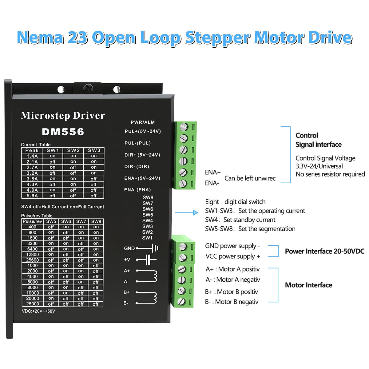 3 Axis CNC Controller Kit with Nema23 57mm Stepper Motor 3Nm 425 oz.in High Torque 2-Phase 3A, DM556 Step Motor Driver, 24V 350W Power Supply for Engraving Machine 3D Printer