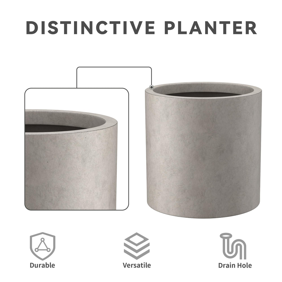 Kante 9.8" Dia Round Concrete Planter, Modern Style Large Cylindrical Plant Pot with Drainage Hole and Rubber Plug for Indoor Outdoor Patio, Weathered Concrete