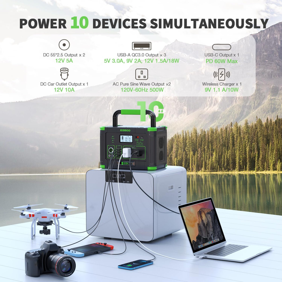 EBL Portable Power Station 500w(Peak 1000W), Camping Solar 519.48Wh Outdoor Solar Generator Backup Battery Pack with 2x120V AC Outlets, 10-Port Powerhouse for Outdoor and Indoor Emergency Use