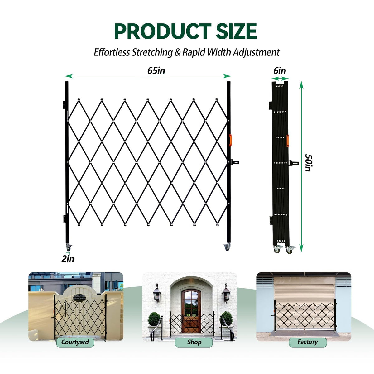 LTSEAME Folding Security Gate with Lockable Scissor Design and 360° Swivel Casters Outdoor Barricade for Entry Security, Garage, Warehouse, and Pool Areas (65“Wx50 H)