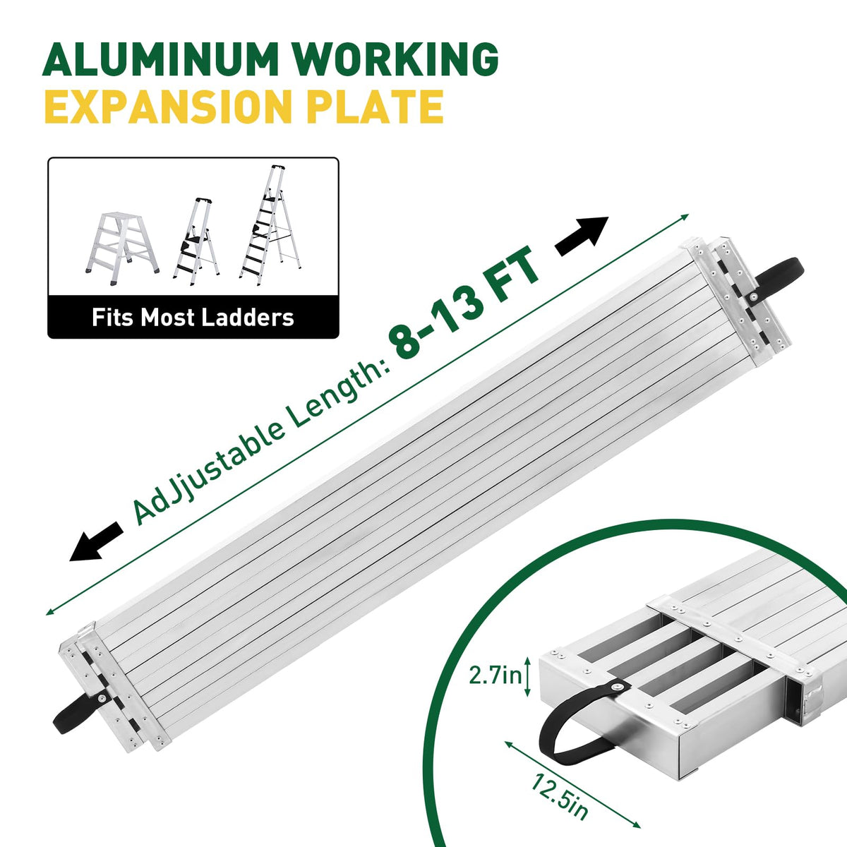 8–13 ft Aluminum Telescoping Plank, 440 Lbs Load Capacity Adjustable Extension Work Platform, 12.5" w x 2.7" h Non-Slip Scaffolding Plank for Ladder, Scaffold, Painting, and Maintenance Projects