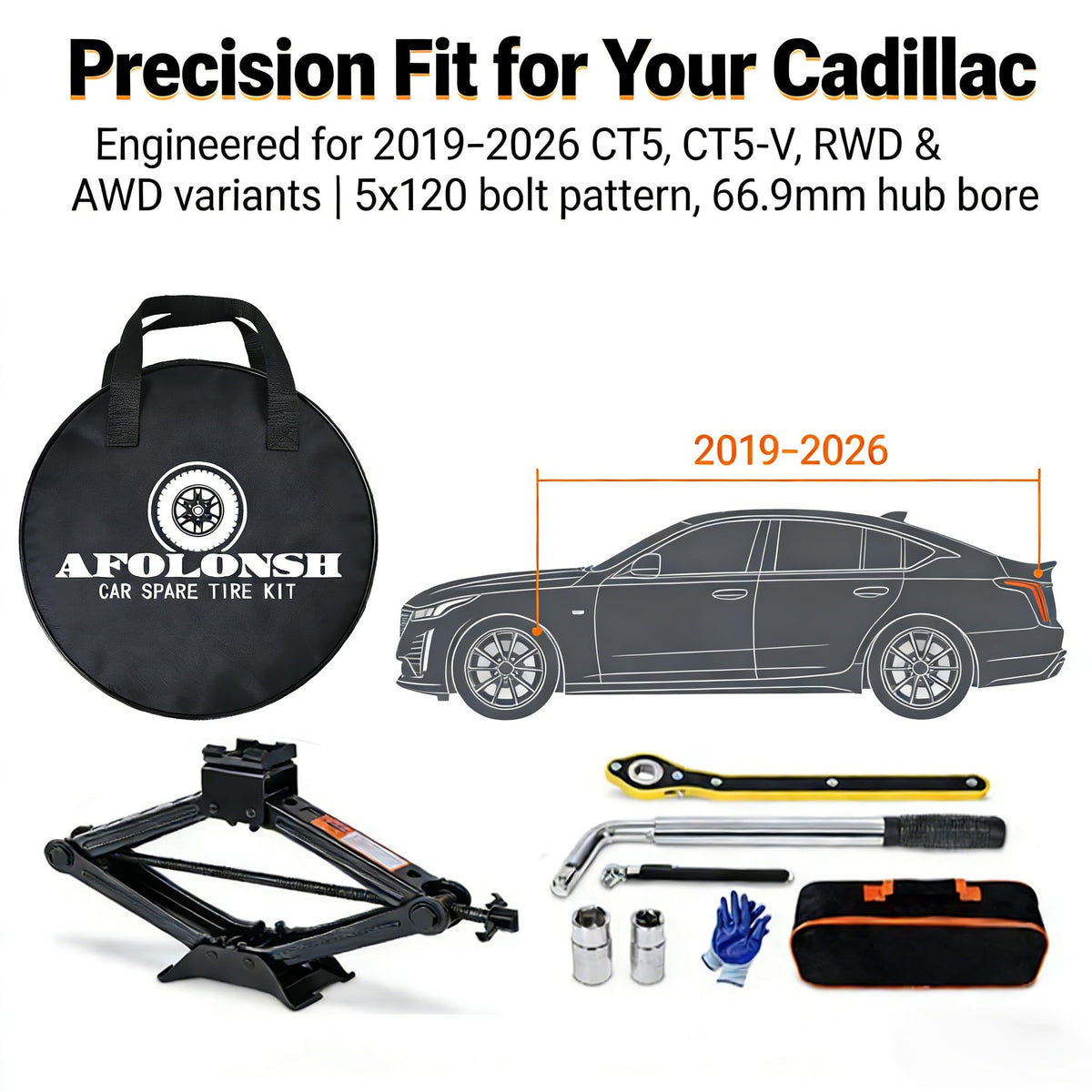 Afolonsh Spare Tire Kit Compatible with 2019-2026 Cadillac CT5 And CT5-V | 135/80R18 Spare Wheel on 18x4 Rim | 5x120 Bolt Pattern | 26.5" Rolling Diameter | Includes Car Jack Kit & Tire Carrying Case