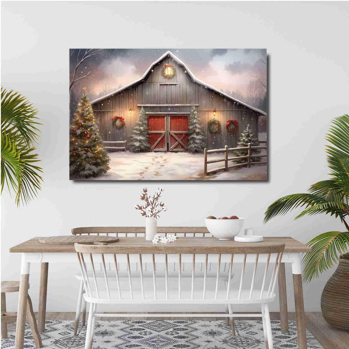 Canvas Wall Art Christmas Tree Farm Wall Art Winter Barn Print Snowy Barn Painting Rustic Farm Picture Farmhouse Winter Print 12x18in-UnFramed