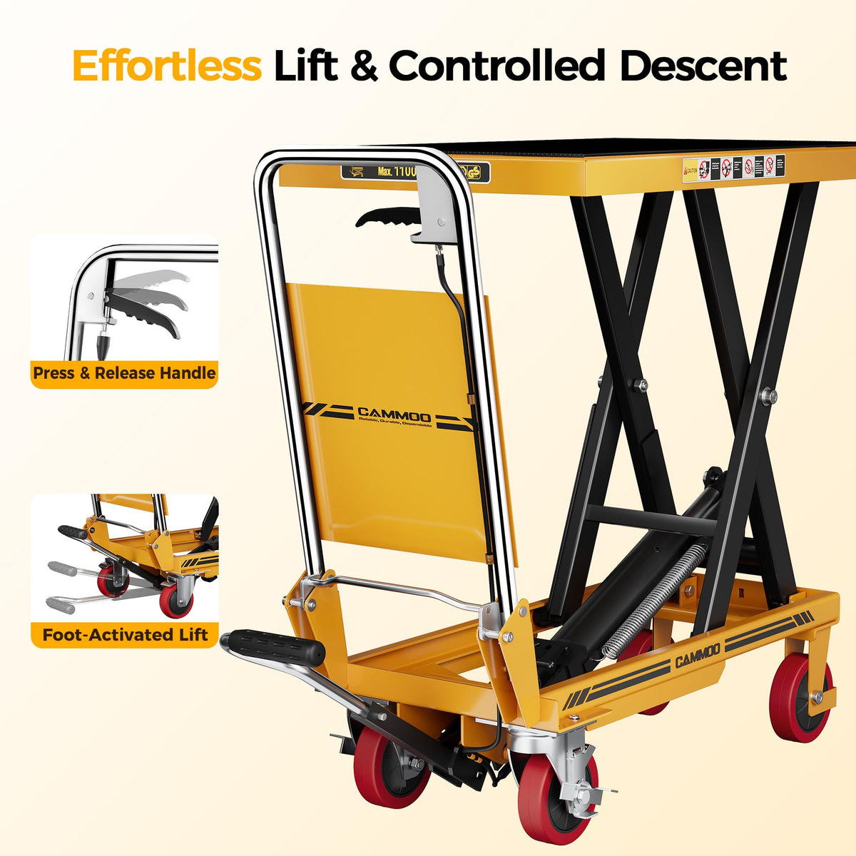 Hydraulic Lift Table Cart, 1100lbs Capacity, 34.7" Lifting Height, Single Scissor Lift with Non-Slip Pad & Safety Guard Foldable Handle for Material Handling and Transportation, Yellow