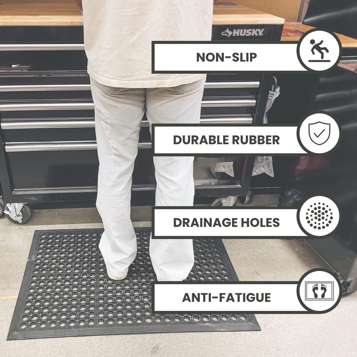 Envelor 4 Pack Anti Fatigue Mats for Kitchen Floor, Rubber Bar Mats, Non Slip Commercial Floor Mat with Drainage Holes, Indoor Outdoor Rubber Mat for Restaurant, Garage, Entryway 24 x 36 in