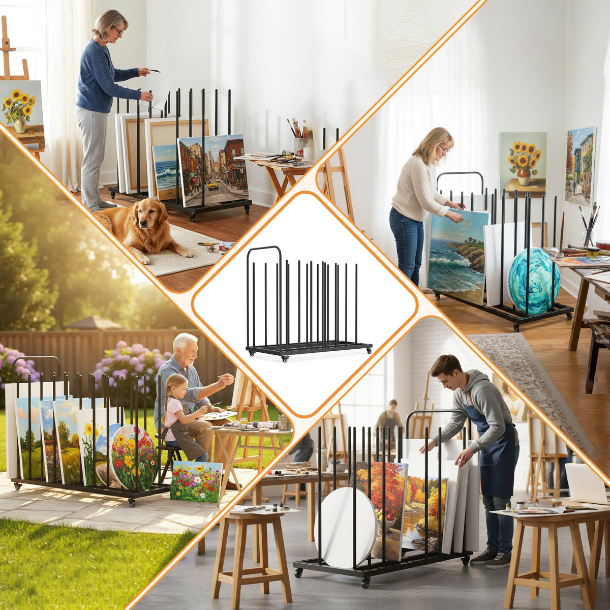 BERPET Heavy-Duty Art Storage Rack with Wheels, Large Metal Organizer for Canvas, Panels, and Artwork – Mobile Rolling Art Drying & Display Stand for Studio, Classroom, and Gallery