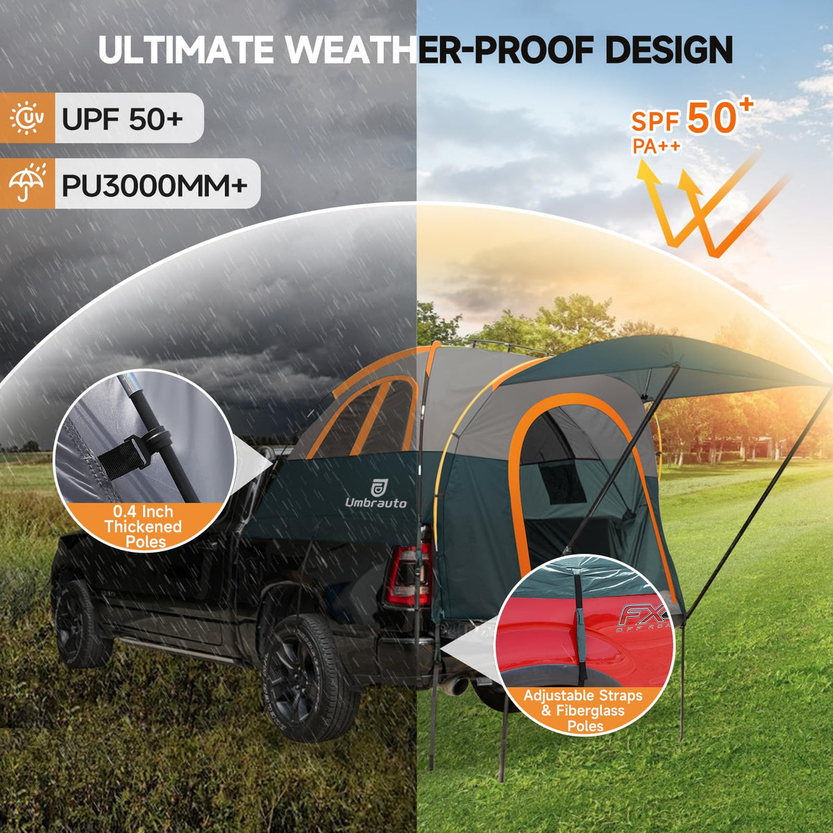 Umbrauto Truck Bed Tent with Awning: 5.5-5.8FT PU3000mm Waterproof Tailgate Pickup Truck Tents, Easy Set-up for 2 Person, Fits Full Size Short Bed, Chevy, Dodge, Ford, GMC, Green