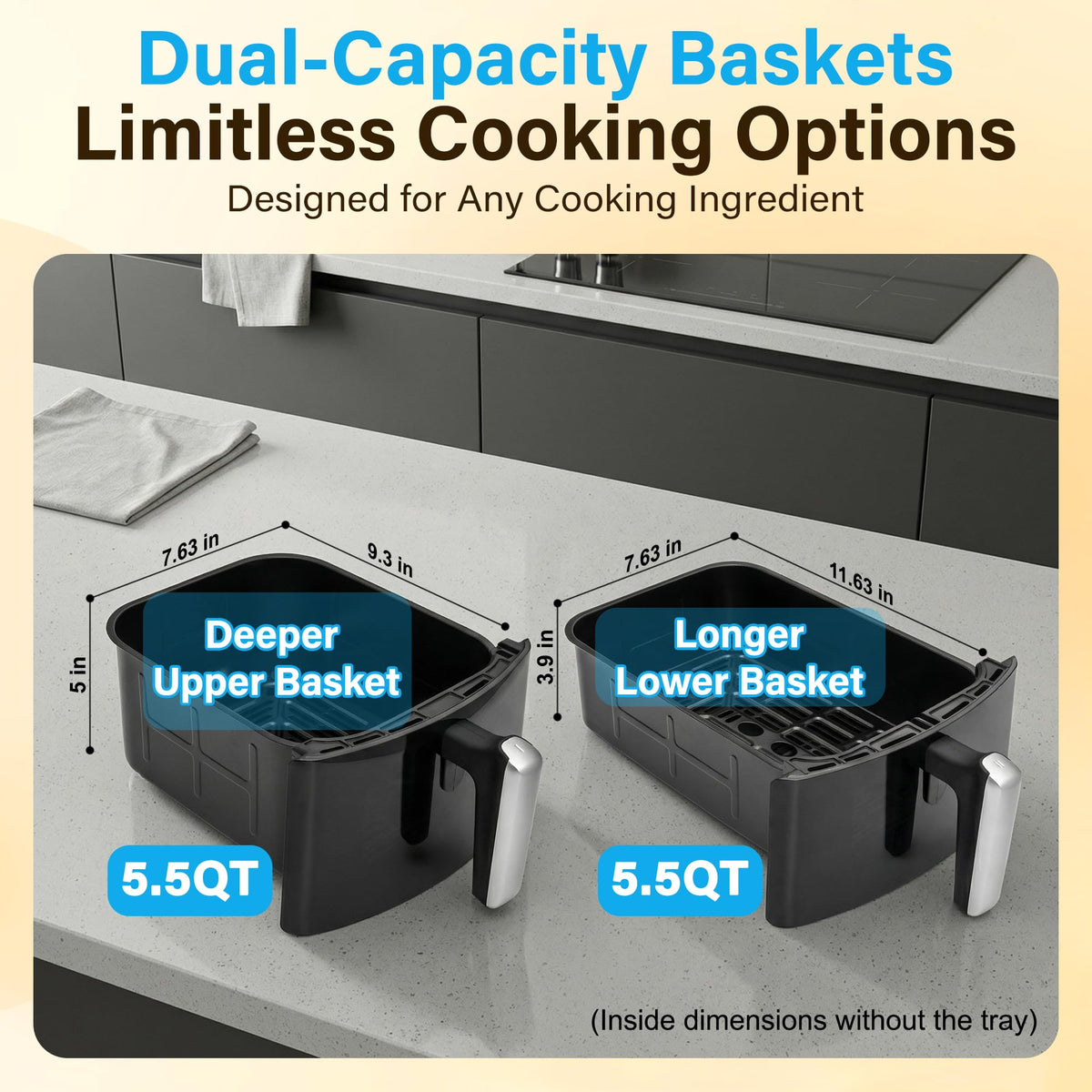 11QT Air Fryer Dual Large Basket Design (Deep Top & Long Bottom) for Whole Chicken & Ribs,430°F High-Heat Broil, 360° Rapid Circulation, 6 in 1 Preset Function, Family Meals, PFAS Free Nonstick