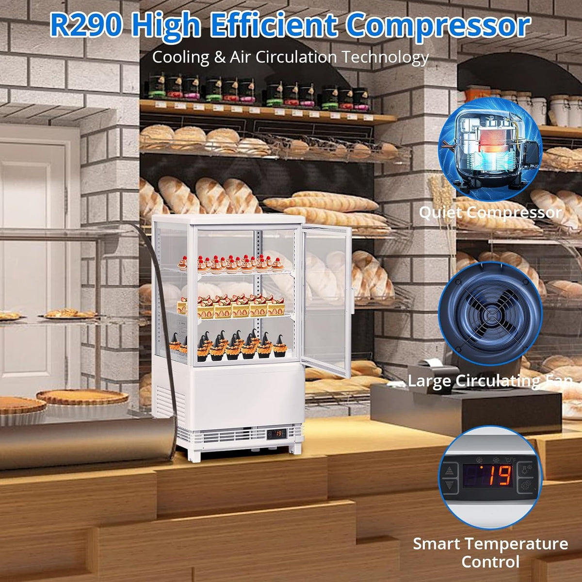 Litake Commercial Refrigerator Display Case, 2.1 Cu.FT Display Fridge Single-Door Pastry Display Case with Interior LED Lighting, Double-Layered Glass Commercial Countertop Bakery Display Refrigerator