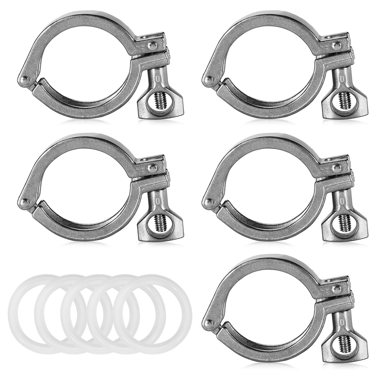 Pindex 5 Pack 2 Inch 190g Heavy Duty Tri Clamp with Silicone Gasket 304 Stainless Steel Sanitary TC Fittings