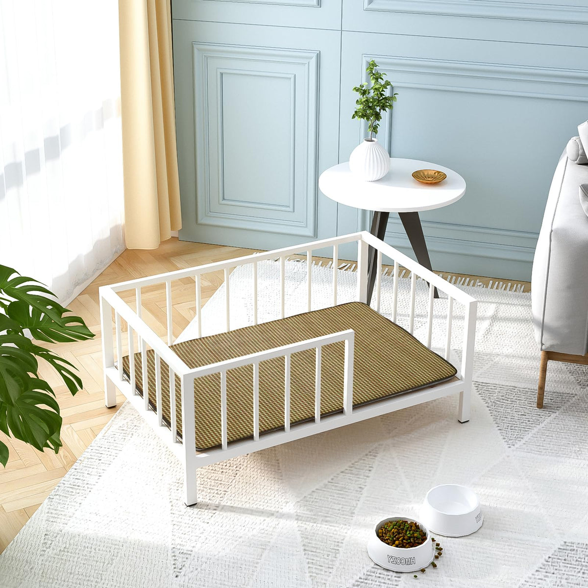 OSCHF Dog Bed with Rails - Elevated Pet Metal Bed Frame with Solid Wood Board and Washable Soft Mat for Medium Dog Indoor or Outdoor Use, 25.2" x 37.8", White