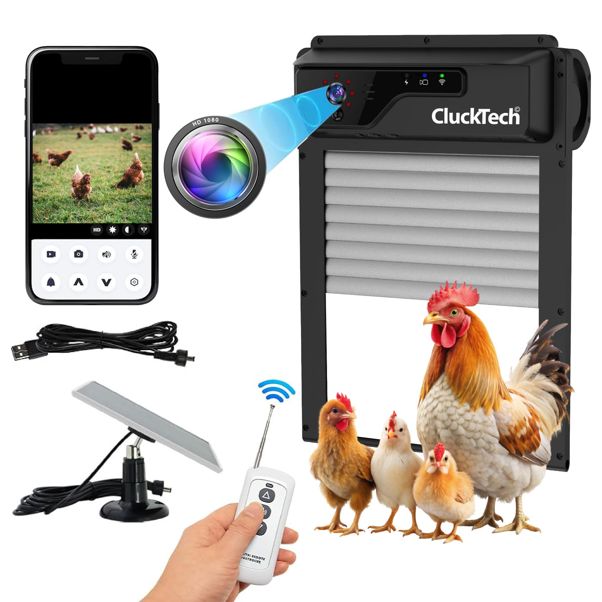 Automatic Chicken Coop Door with 1080p Camera - Solar Powered - 5000mAh Battery - App Remote Control and Opener with Timer - Auto Open/Close - Heavy Duty - Night Vision - Alarm Drive