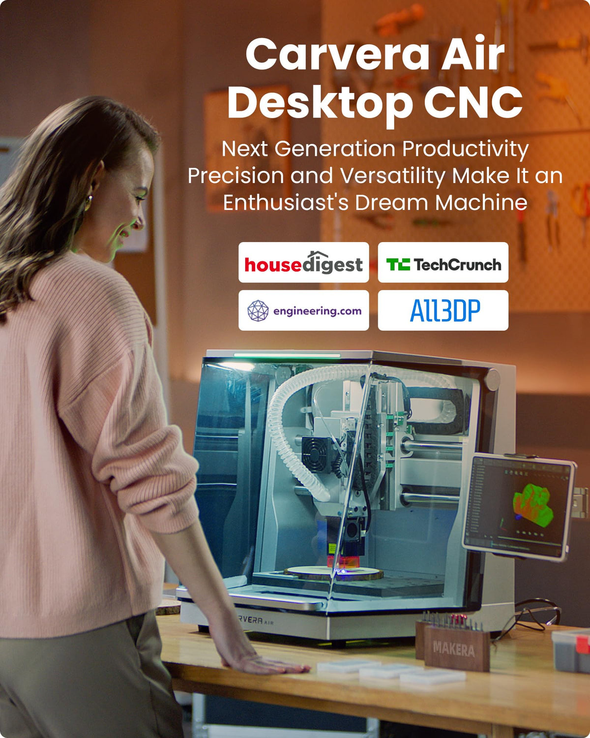 Carvera Air Desktop CNC Machine with Makera CAM, Enclosed Mini CNC Mill with Quick Tool Changer, Auto Probing, Closed-Loop Stepper Motor, High Precision 3 Axis for DIY Makers Workshops Metal Wood PCB