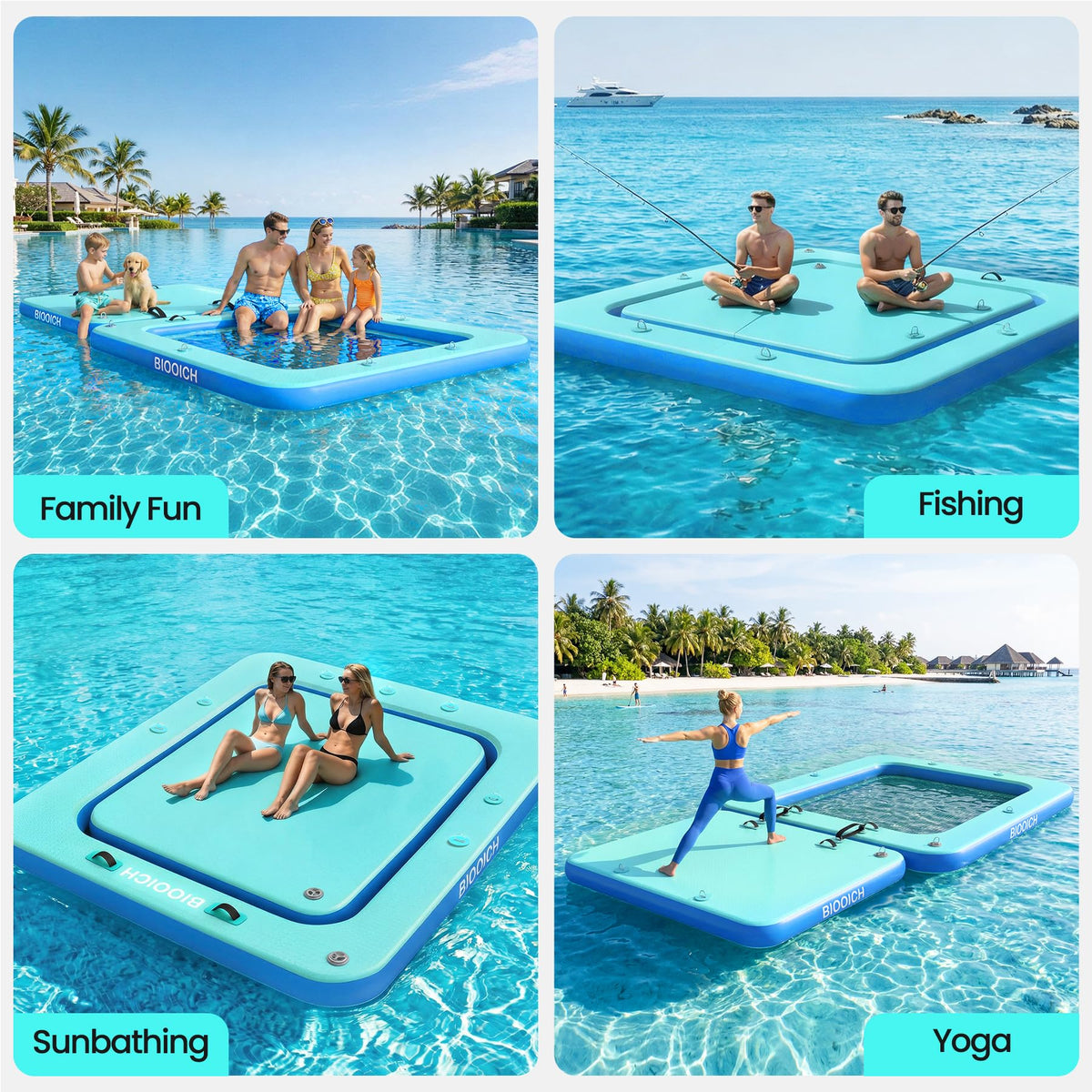 BIOOICH 2 in 1 Inflatable Floating Dock, 8.2FTx7.2FT Floating Mat with Mesh Swim Area & Portable Pool Island Platform with Air Pump, Repair Kit, Storage Bag & Linking Ropes for Swimming, Lake, Beach