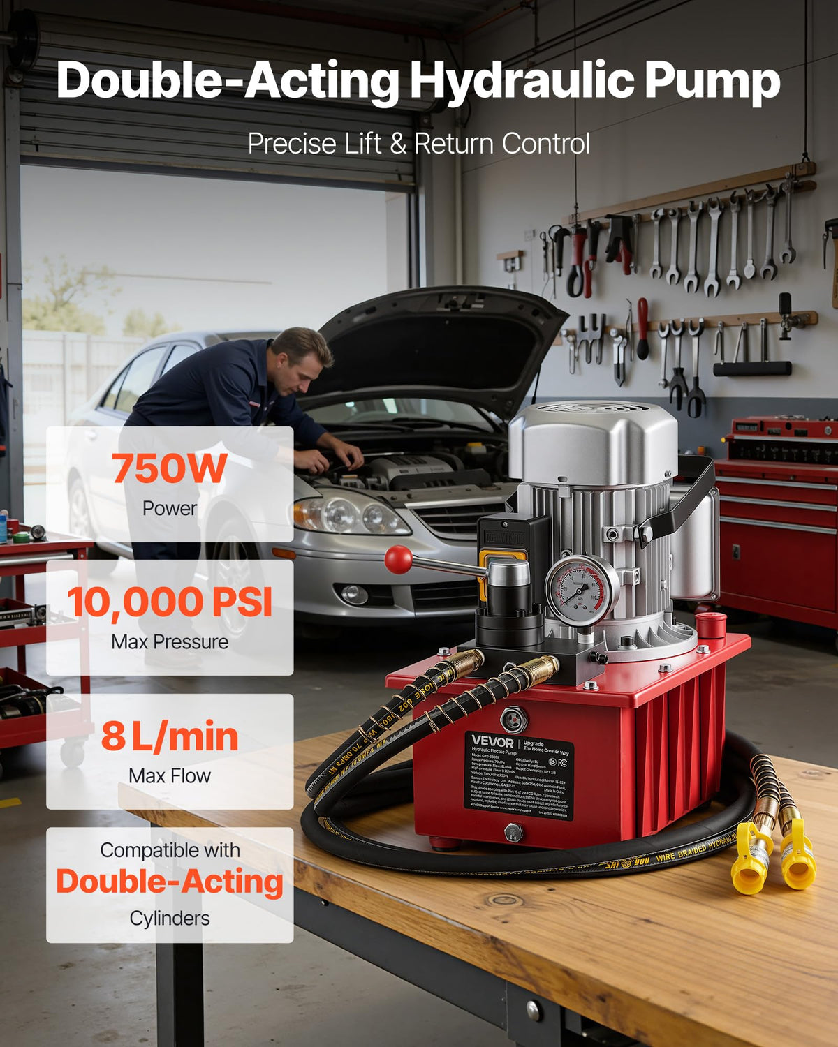 VEVOR Electric Hydraulic Pump, 750W 10,000 PSI, 120V Double Acting Electric Driven Hydraulic Pump Power Pack Unit, with Manual Valve, 2.1 Gallon / 8L, for Punching, Bending, Double Acting Cylinders