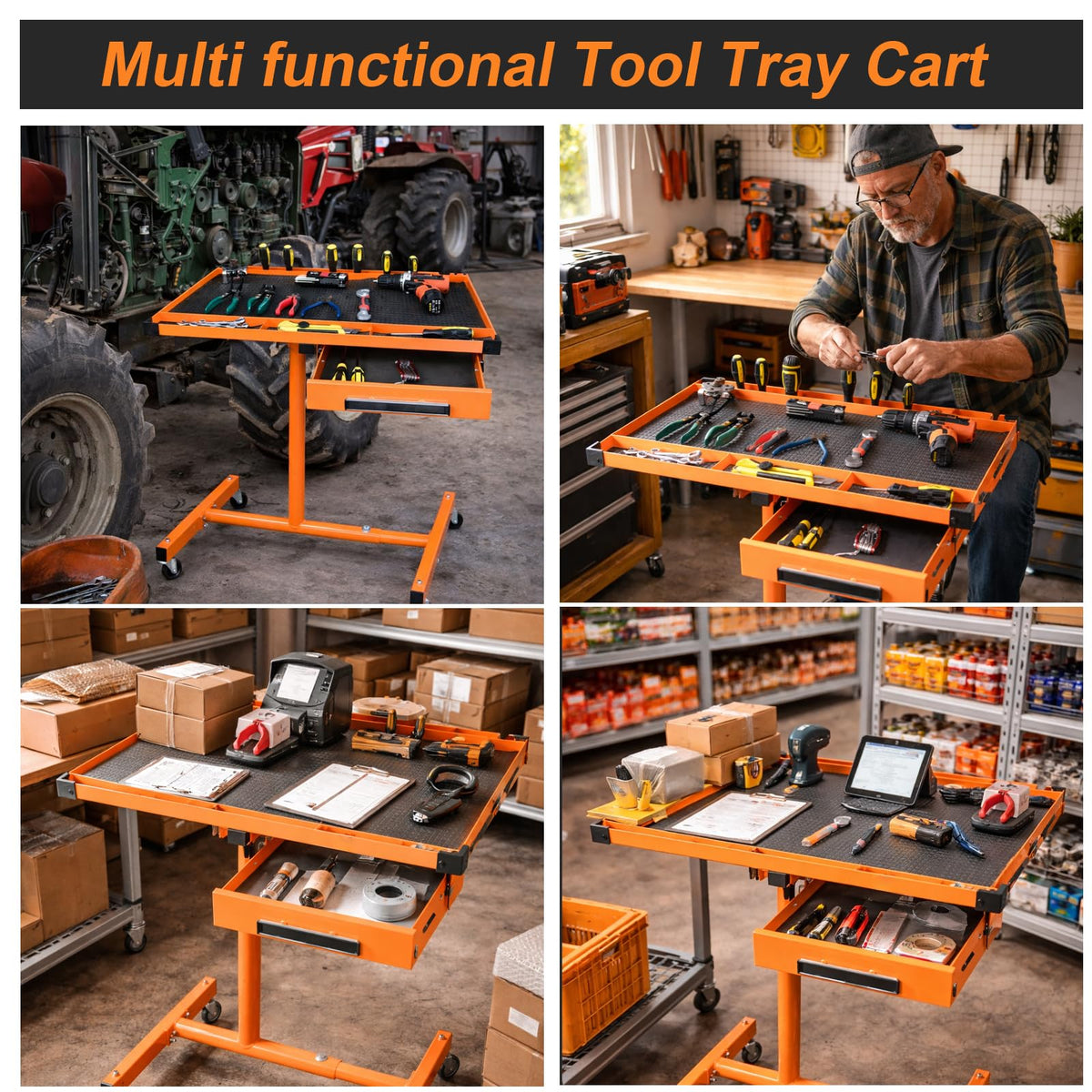 A A IN LT018 Heavy Duty Adjustable Work Table with Drawers, Rolling Tool Tray on Wheels of 220lbs Capacity, Mobile Service Tray for Mechanic
