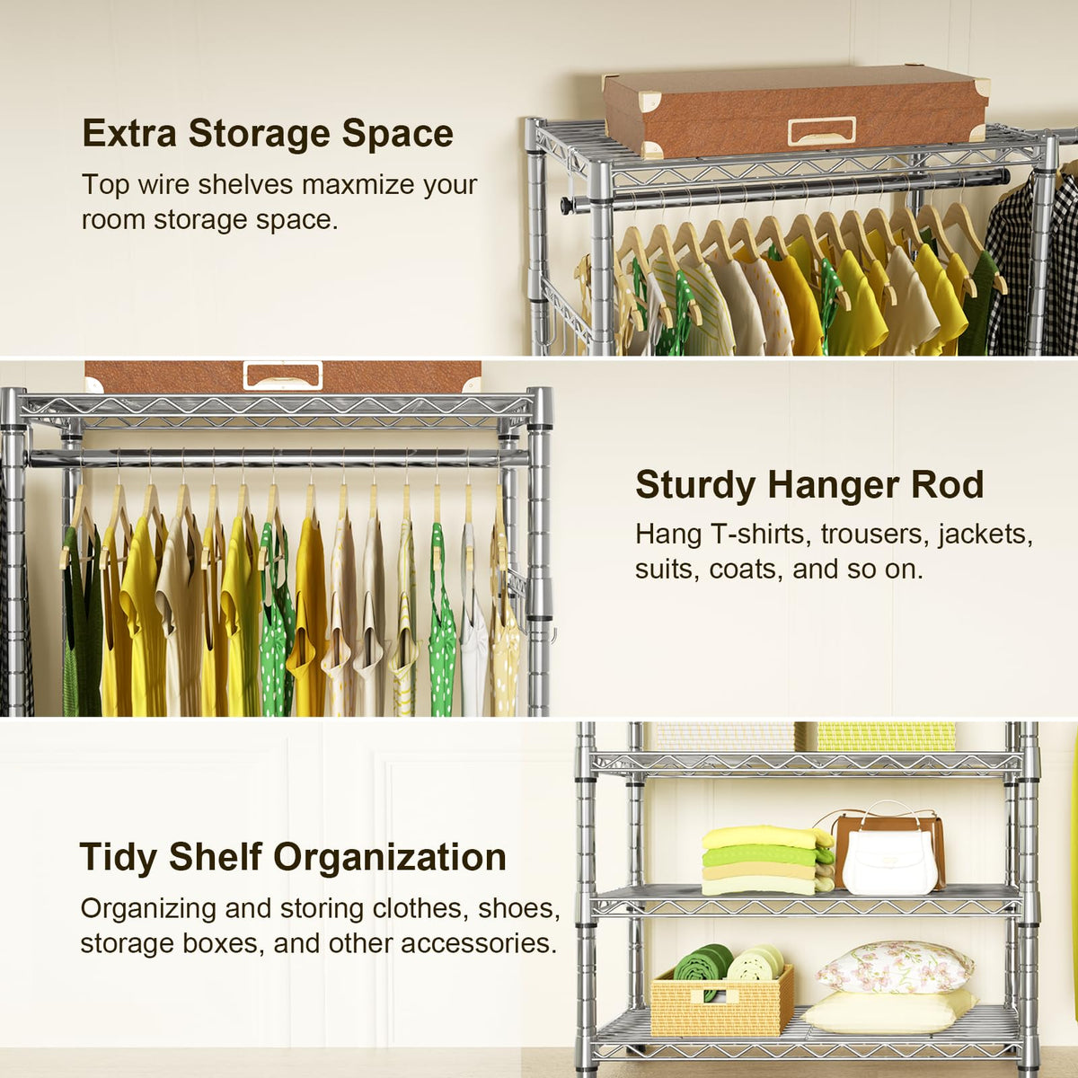 Ulif E1 Heavy Duty Closet Garment Rack, 6 Tiers Adjustable Metal Freestanding Expandable Clothing Storage with 4 Hanger Rods, Easy to Assemble Wardrobe, 71.4" H x (70" - 88.2") L x 14" D, Chrome