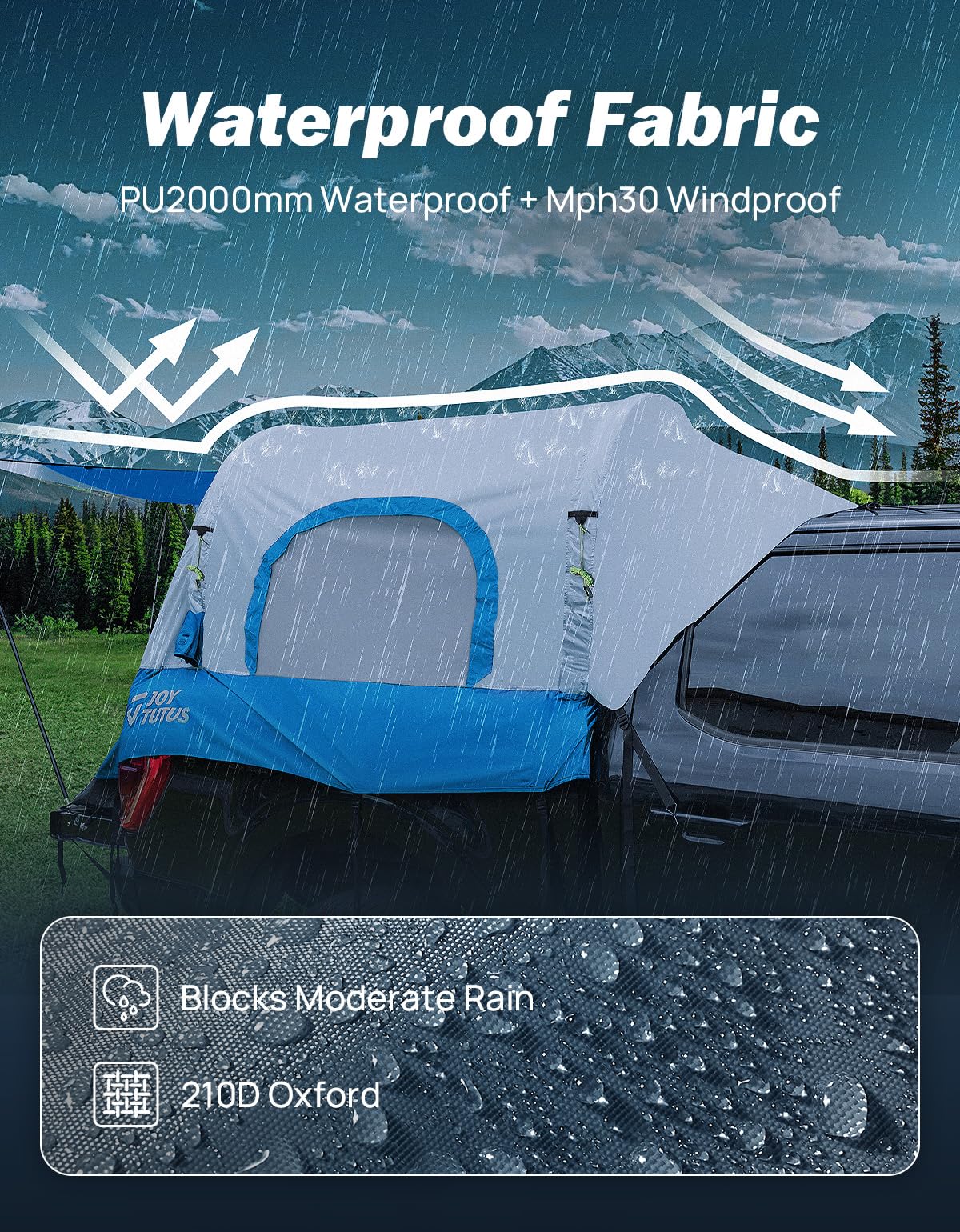 JOYTUTUS Inflatable Truck Bed Tent 6.5FT with Awning, Includes Air Pump for Quick 30 S Setup, Dual-use Pickup or Camping Tent for 2 Person, Waterproof Roof Shade and 3 Windows, Gray Blue