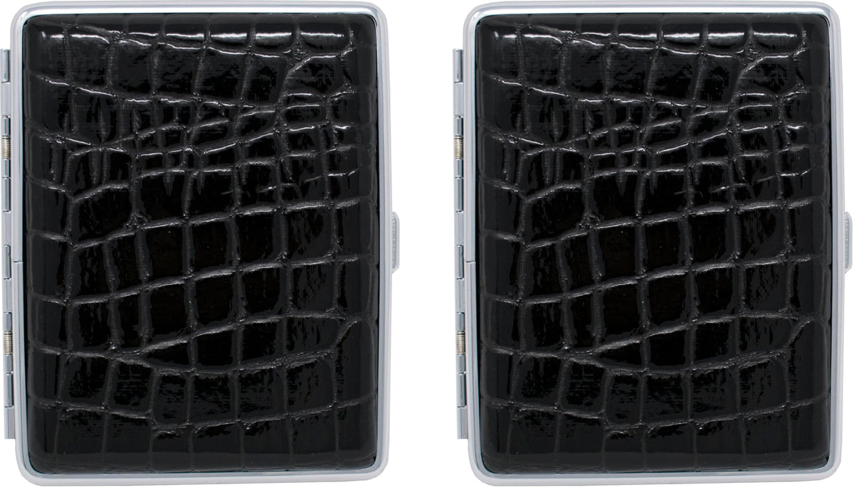 Set of 2 Metal-Plated 100s Leather Cigarette Case & Stash Box (Crocodile Black)