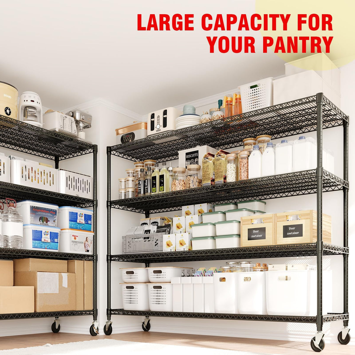MilleLoom Metal Shelving with Wheels, 2640LBS 4-Tier Heavy Duty Garage Storage Shelves, Adjustable Wire Rack Shelving Unit w/Casters, Rolling Shelf for Home, Workshop, Basement, 74" H×24" D×60" W