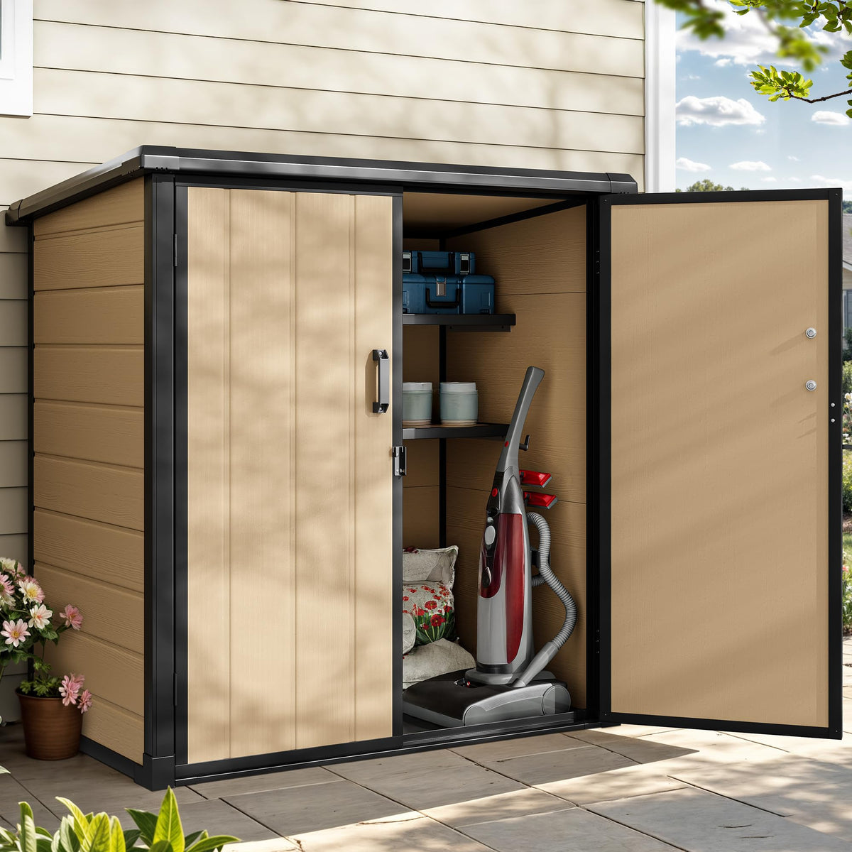 DWVO Outdoor Storage Shed 54 cuft with 2 Shelves, 4.2x2.6x5ft Vertical Tool Shed with Floor & Lockable Doors, Sturdy Double-Wall Plastic Cabinet for Garbage Cans and Garden Storage, Brown