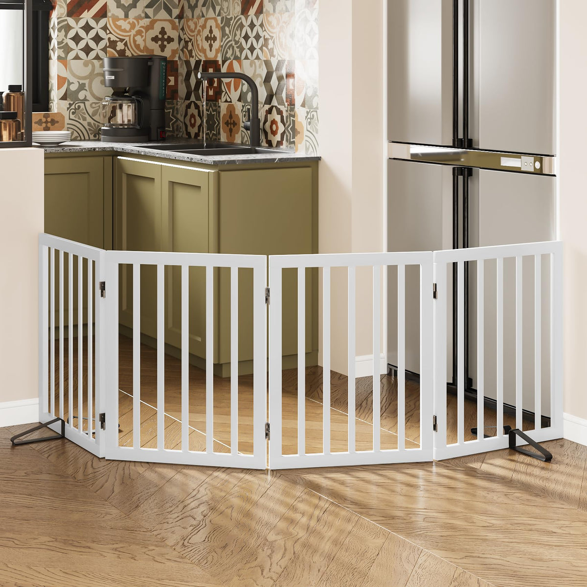 Wooden Dog Gate Freestanding Foldable Pet Gate 4 Panel Fully Assembled Dog Gates for Doorways House Stairs