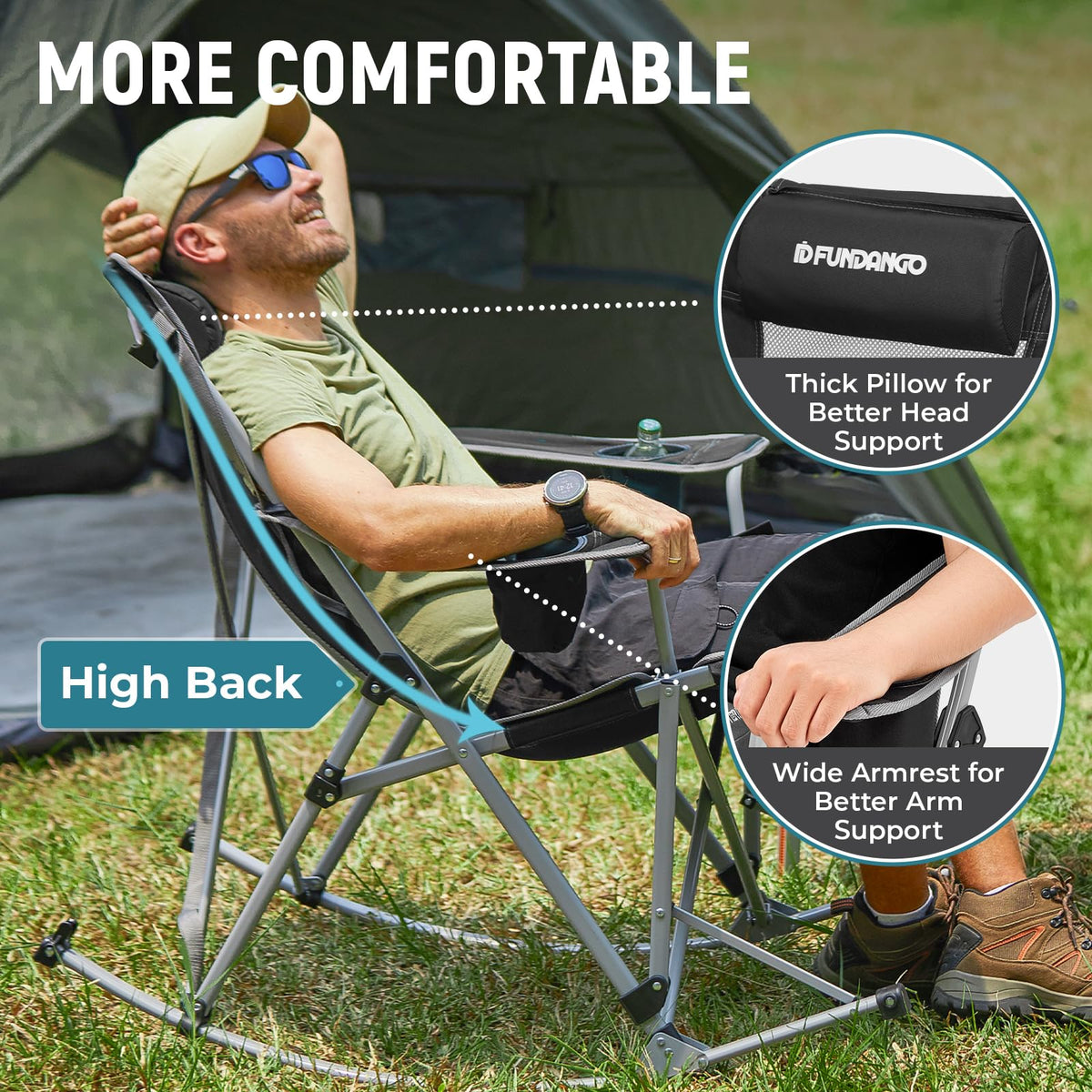 FUNDANGO Rocking Camping Chair, High Mesh Back Portable Folding Camp Chairs with Pillows, Cup Holder and Carry Bag for Lawn Patio Garden Outdoor Supports 300 Lbs (Black/Grey)