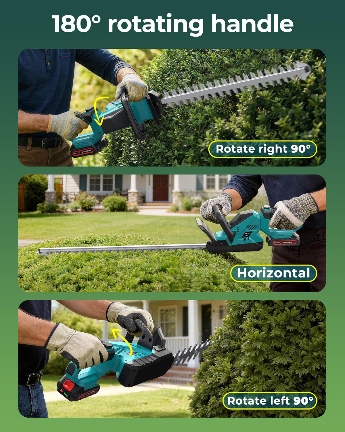 24'' Cordless Hedge Trimmer with 2 Rechargeable Batteries & Charger, 3000RPM Brushless Electric Handheld Bush Clipper, 180° Rotatable Head, 2/3'' Blade Gap, Gardening Gifts for Father’s Day