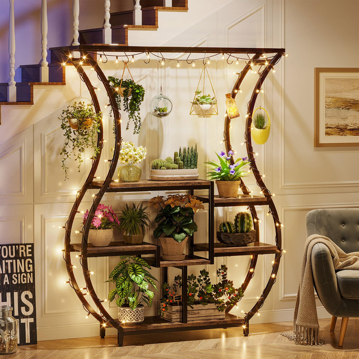 LITTLE TREE 6-Tier Plant Stand, 70.9 Inches Tall Industrial Plant Shelf with 10 Hanging Hooks, Potted Plants Flower Bonsai Pots Display Rack for Living Room, Garden, Balcony, Rustic Brown